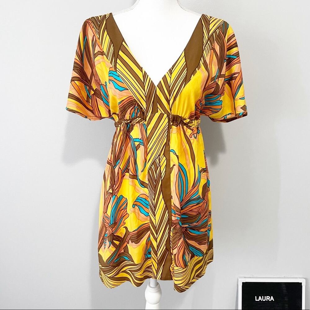 Arden B yellow silk paisley flare mini dress small